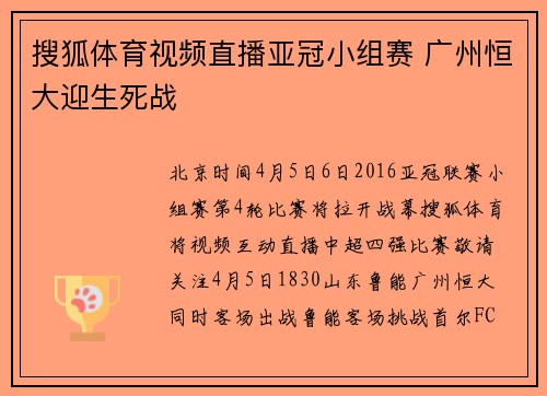 搜狐体育视频直播亚冠小组赛 广州恒大迎生死战